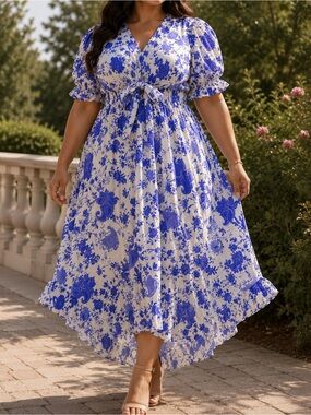 Blue Floral Tie-Front Midi Dress